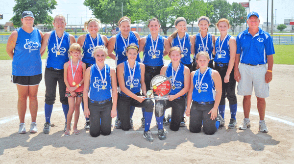 2013 Class D State Champs, Falls City Travelers 14-and-Under softball team, front row, from left to right: good luck charm Elyse Poppe, Chessanie Blakley, Avery Scott, Morgan Bletscher, Josie Lunsford; back frow, from left to right: Coach Julie Frederick, Megan Eickhoff, Tayten O’Brien, Marissa Ogden, Emma Gerdes, Alyssa Frederick, Meredith Poppe, Bailey Gilkerson, Coach Brian Poppe. Other team members not pictured, Molly Brown, Bailey Armbruster, and Coach Matt Bletscher. Photo courtesy of Brian Poppe. 