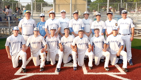 NEBKAN Border Battle Champs – Falls City Blue Storm Seniors –pictured front row, left to right: Austin Malone, Lane Scheitel, Chaz Dunn, Tyler DiGiacomo, Weston Witt, Codie Witt and Jordy Stoller. Back row: Assistant coaches Dan Vice and Brooks Ivey, Chase Thompson, Reese Hogue, Wade Witt, Logan Scheitel, Brandt Vice, Derek Bippes and head coach Kory Huppert. Falls City claimed both the Seniors and Juniors NEBKAN Border Battle titles this summer. Auburn, Tecumseh, Sabetha, KS, and Doniphan County, KS, also participated in the tourament. Auburn defeated Doniphan 13-3 in Sunday’s third place game. 