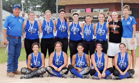 District Champion Falls City Travelers 18-and-Under Softball Team, front row, from left: Brooke Scheitel, Jennifer Wendtlandt, Claire Poppe, Tressa Chandler and Kirstyn Buchholz; back row, coach Carl Messner, Amie Wiltse, Heidi Heineger, Emma Schock, Jamie Schwarting, Mahlory Vice, Brittany Ritter, Emily Weaver and Coach Gina Scheitel. Not pictured: Haley Cochran, Allyson Scholl.
