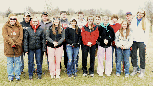 2014 Falls City High Golf Team (front row, left to right) – Megan Vollmer, Carley Youde, Bailey Bindle, Peyton Campbell, Bailey Vrtiska, Bailey Armbruster, Darcy Snethen. Back row – Erik Eickhoff, Cody Frederick, Carter Hunzeker, Aaron Kurpgeweit, Preston Deckinger, Colton Reiss, Brody Weinmann and Jerrica Beckner. Photo by Jim Langan.