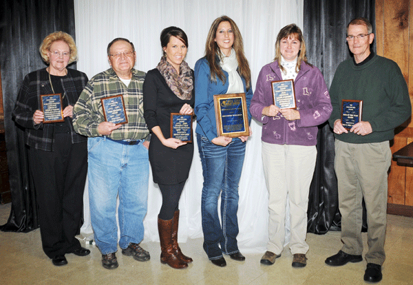 Falls City Area Jaycees Distinguished Service Award winners, from left: Sara Veigel (accepting the Outstanding Community Leader Award on behalf of her husband, Merle), Good Neighbor Award winner Marvin Arnold, Robert J. Chab Community Service Award winner Becky Fischer, Distinguished Service Award winner Jennifer Willman, Oustanding Educator Award winner Lauri Auffert, and Boss of the Year Award winner Tony Brunette. The awards were given at the annual DSA Ceremony, held Jan. 20 at the Elks Club. Photo by Jason Schock. 